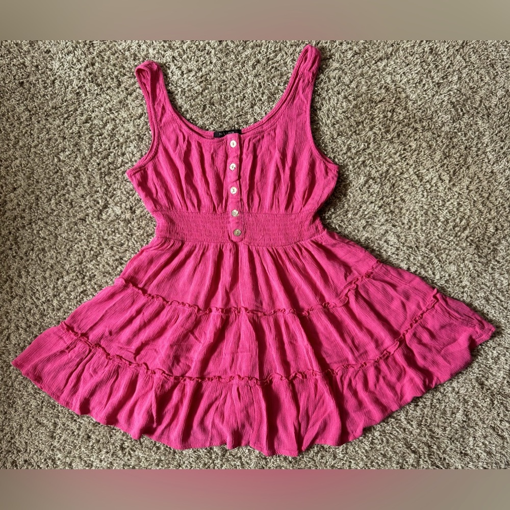 New Look Sleeveless Button Down Elastic Waist Ruffle Tiered Swing Mini Dress.